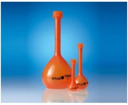#670040 - VITLAB® opaque volumetric flasks PMP, Class A with coloured screw caps